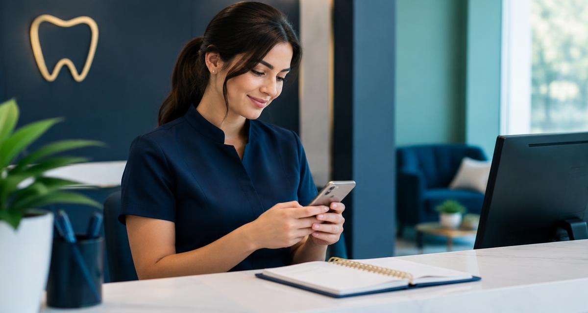 Recepcionista de clínica odontológica escrevendo uma mensagem para um paciente no celular