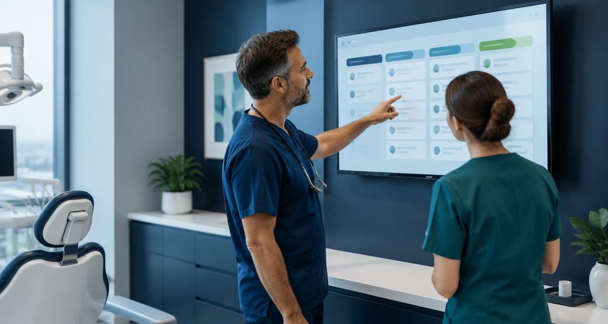 Dentista e coordenadora analisando em um monitor um quadro com as etapas dos pacientes da clínica